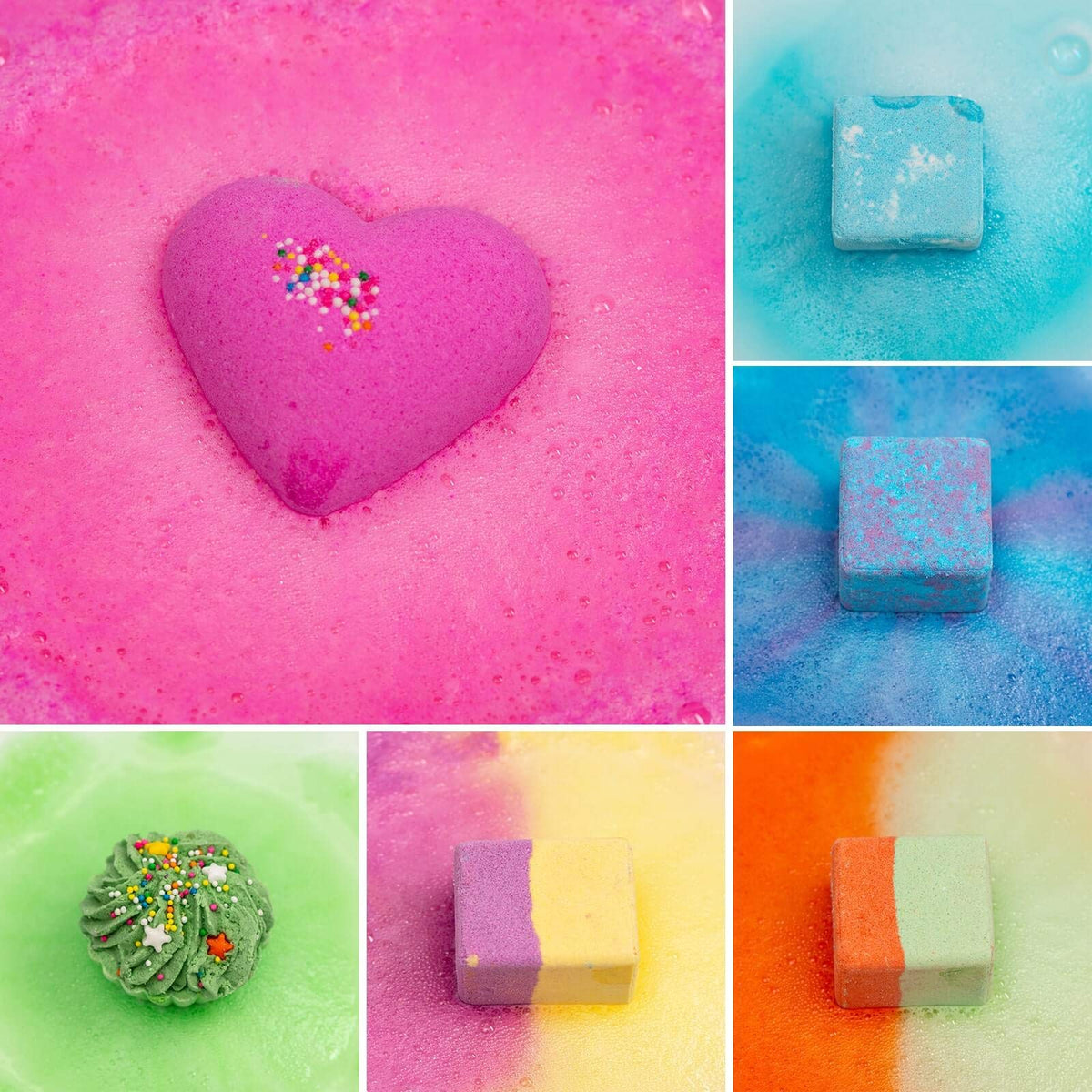 comfso unwrapped bath bombs arrayed by color to show variety and scent selection benefit