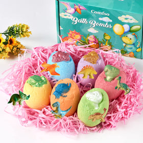 comfso dino egg bath bombs in Easter basket as festive gift idea