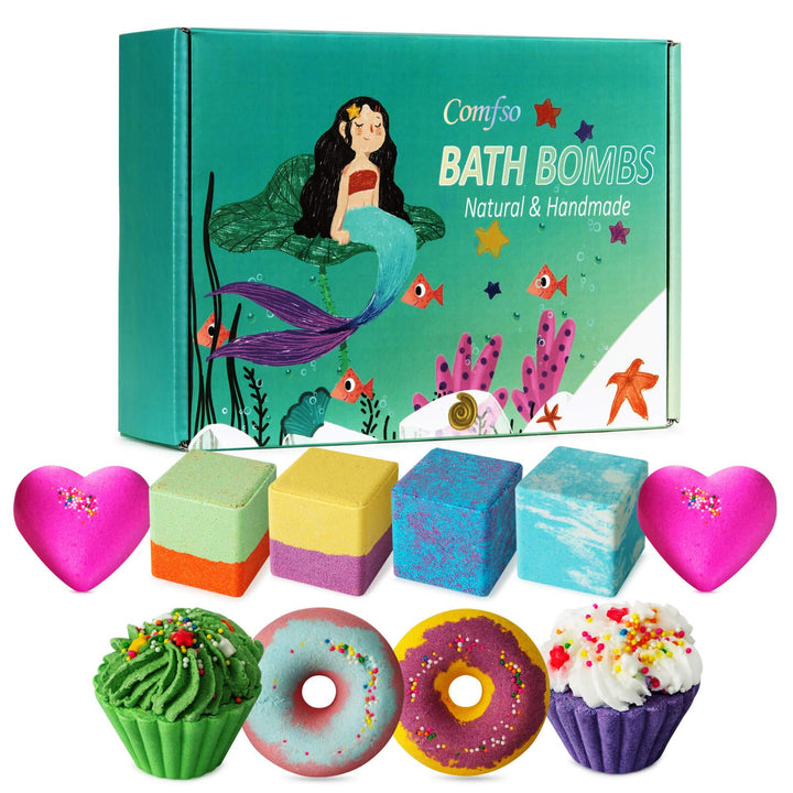 comfso front packaging showing ten colorful bath bombs and gift-ready presentation