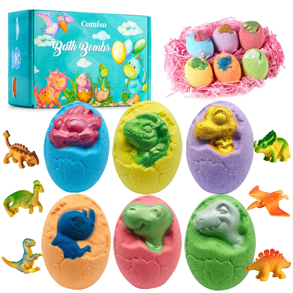 comfso front packaging of six dino eggs showing gift-ready design and fun