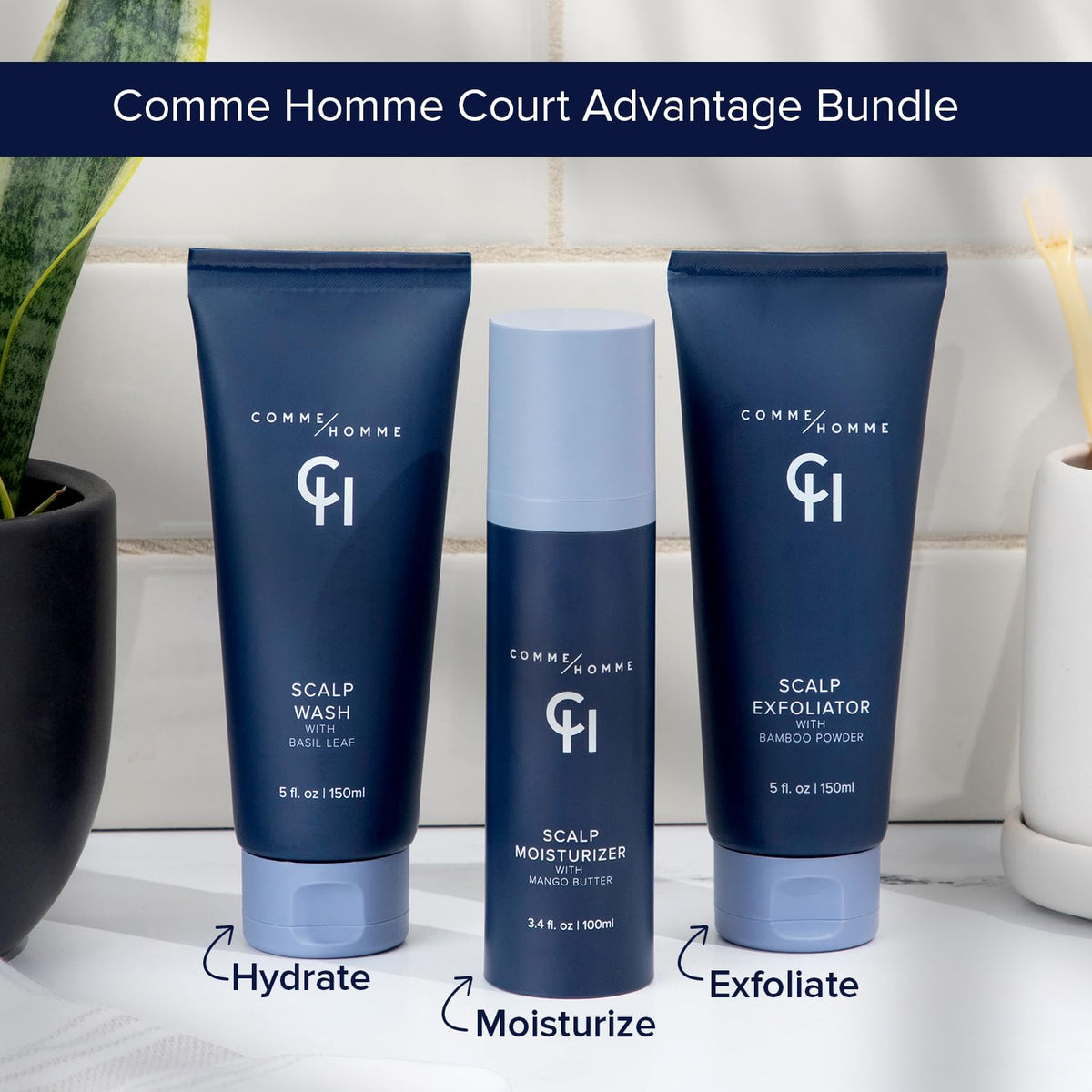 Comme Homme on bathroom shelf in lifestyle shot promoting confident grooming