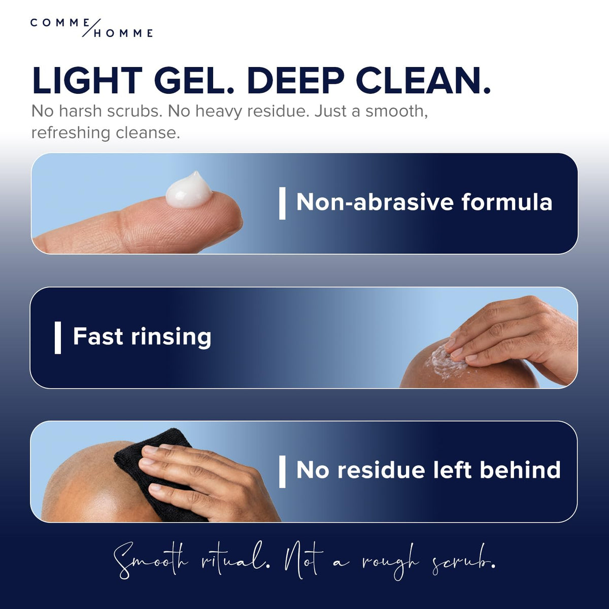 Comme Homme scalp wash in use under shower showing refreshing cleanse benefit