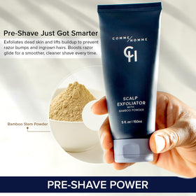 Comme Homme bottle beside electric shaver showing size and convenience
