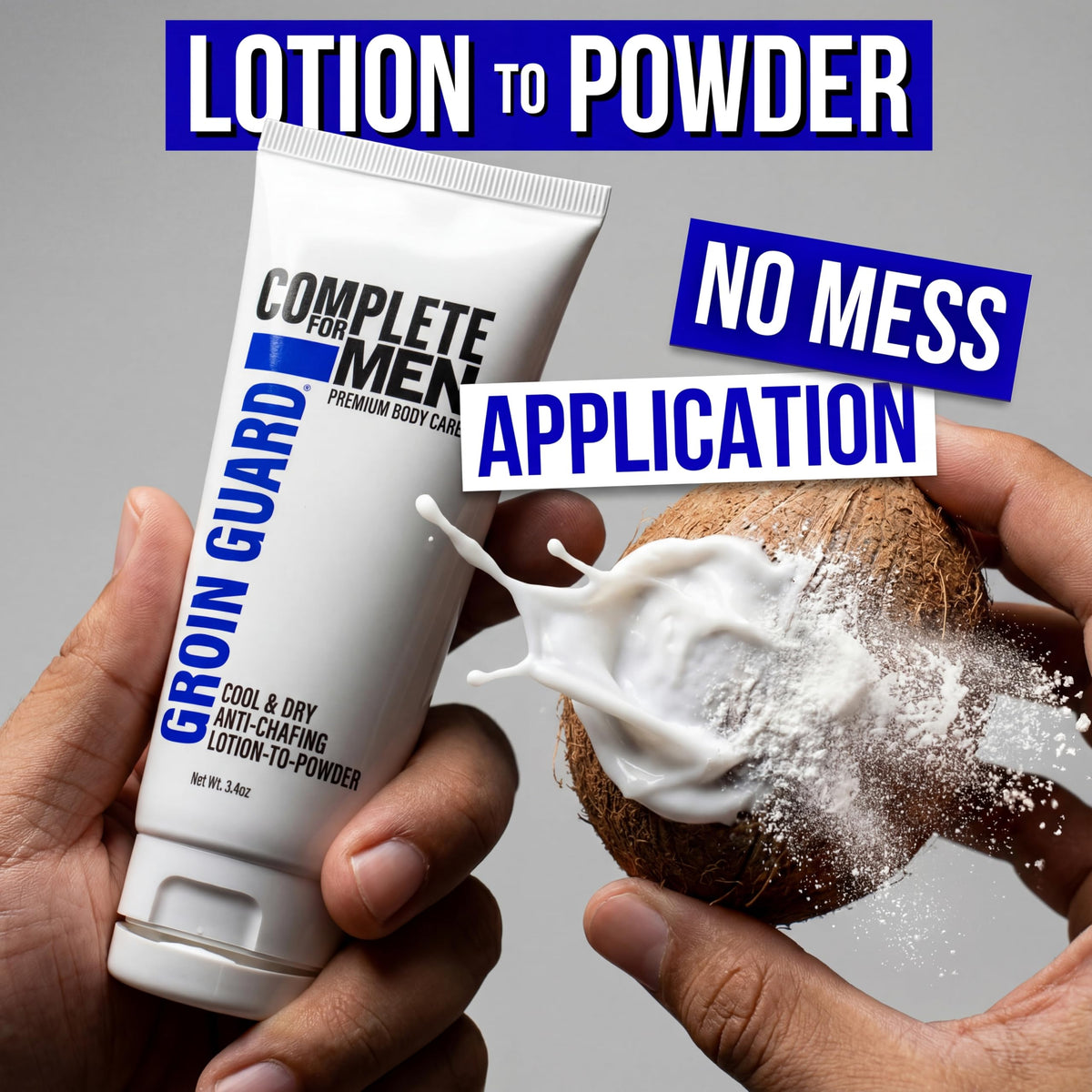 COMPLETE FOR MEN applying cream to inner thigh to prevent rubbing during workout