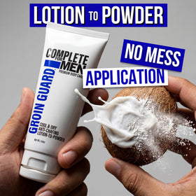 COMPLETE FOR MEN applying cream to inner thigh to prevent rubbing during workout