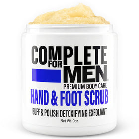COMPLETE FOR MEN front jar showing scrub packaging and quick benefits