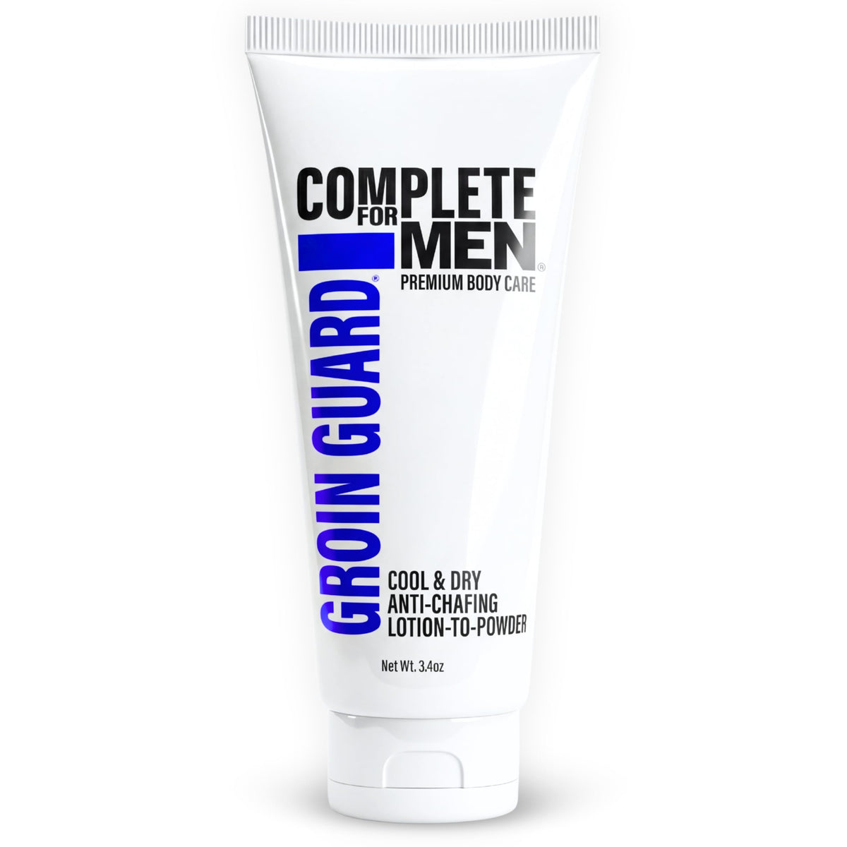 COMPLETE FOR MEN front packaging showing groin guard tube, conveys confidence
