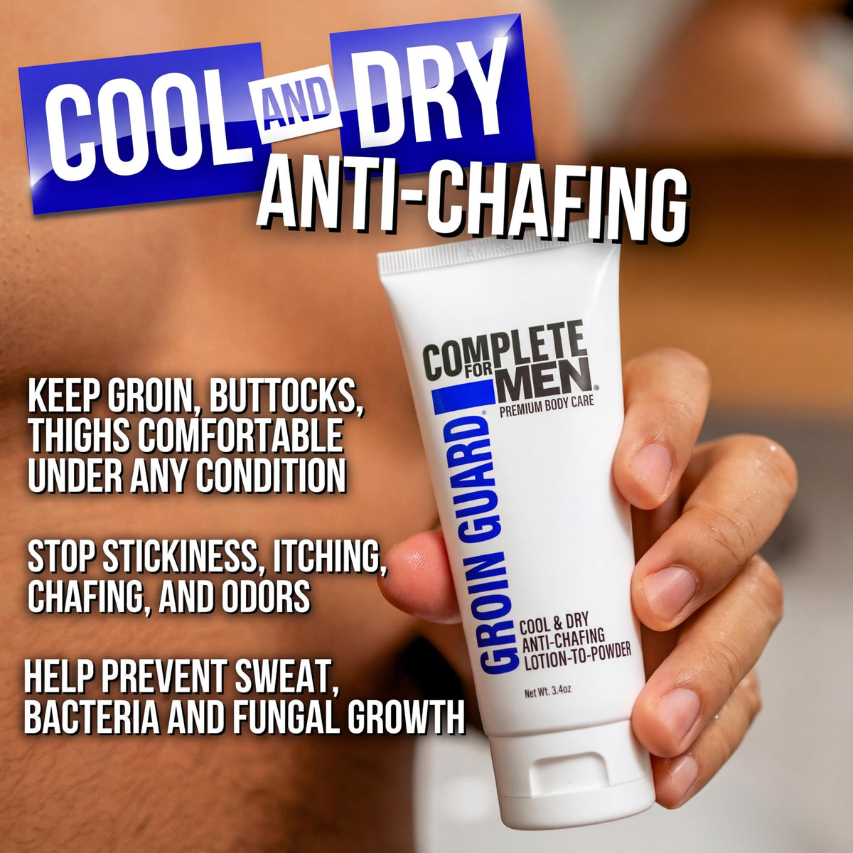 COMPLETE FOR MEN tube in hand for size and scale, portable protection benefit