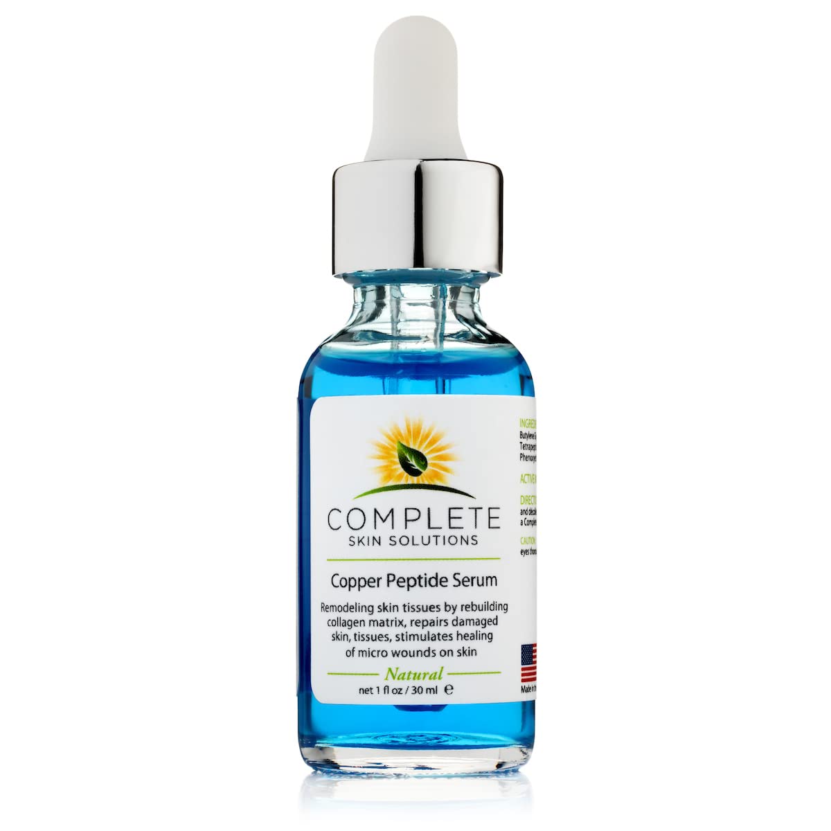 Complete Skin Solutions label detail highlighting active ingredients and quality