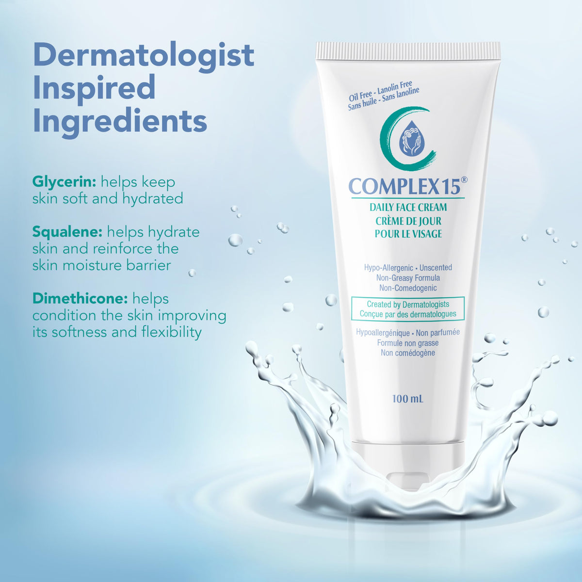 Complex 15 next to ruler showing 3.4 ounce 100ml size for travel convenience