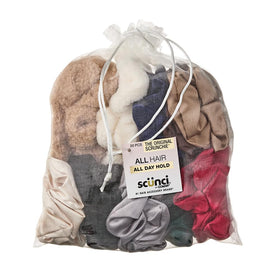 Conair Scunci front view of 20-piece scrunchie set showing assorted colors and included mesh bag, easy styling