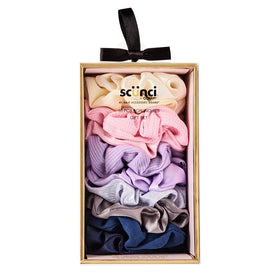 Conair Scunci front packaging showing 10 pastel scrunchies and storage box, organized for gifting
