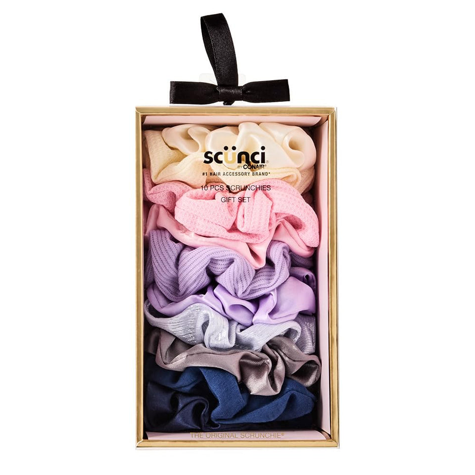 Conair Scunci front packaging showing 10 pastel scrunchies and storage box, organized for gifting
