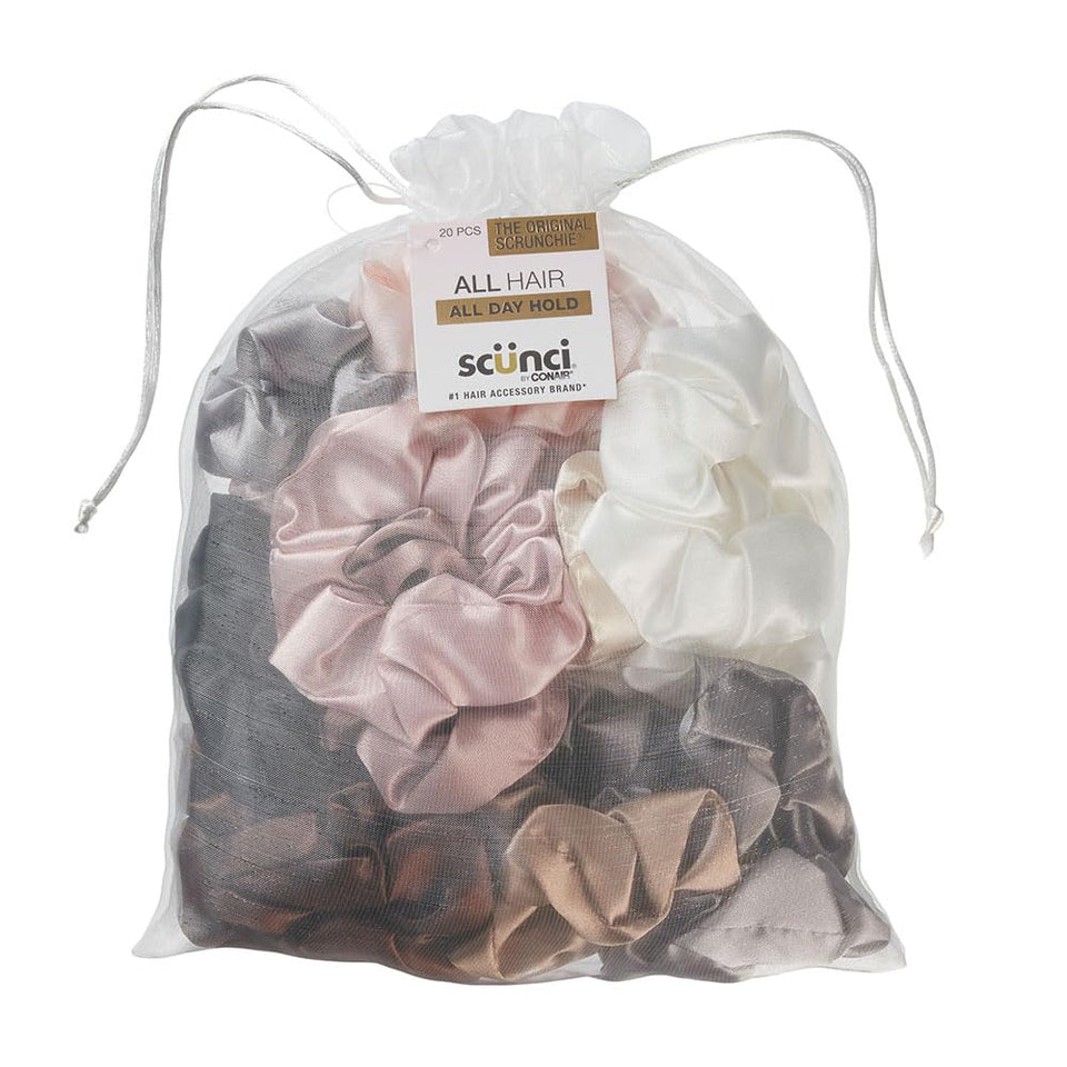 Conair Scunci front packaging showing 20 colorful scrunchies and variety benefits