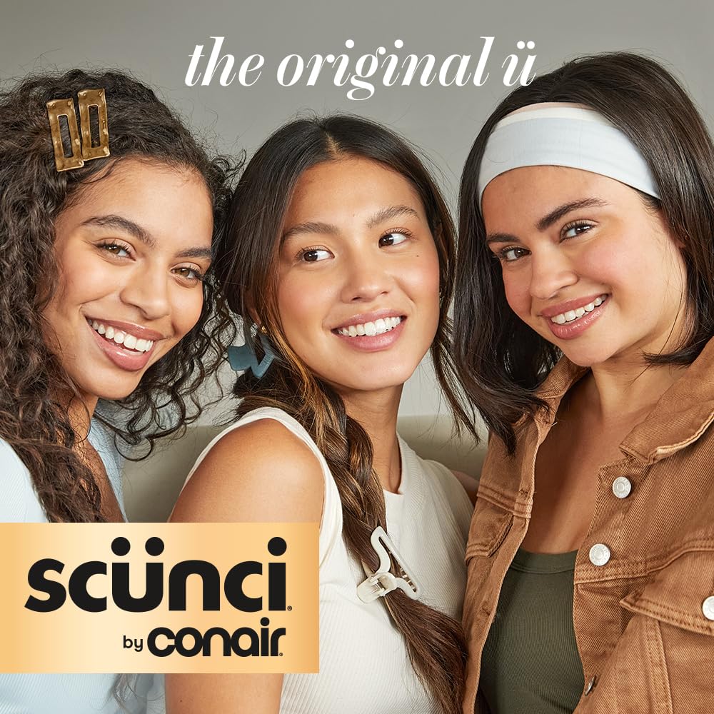 Conair Scunci scrunchie used in a ponytail demonstrating smooth satin finish and frizz reduction
