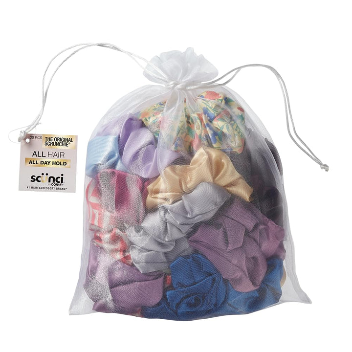 Conair Scunci assorted scrunchies pack with mesh bag shows colors and quantity