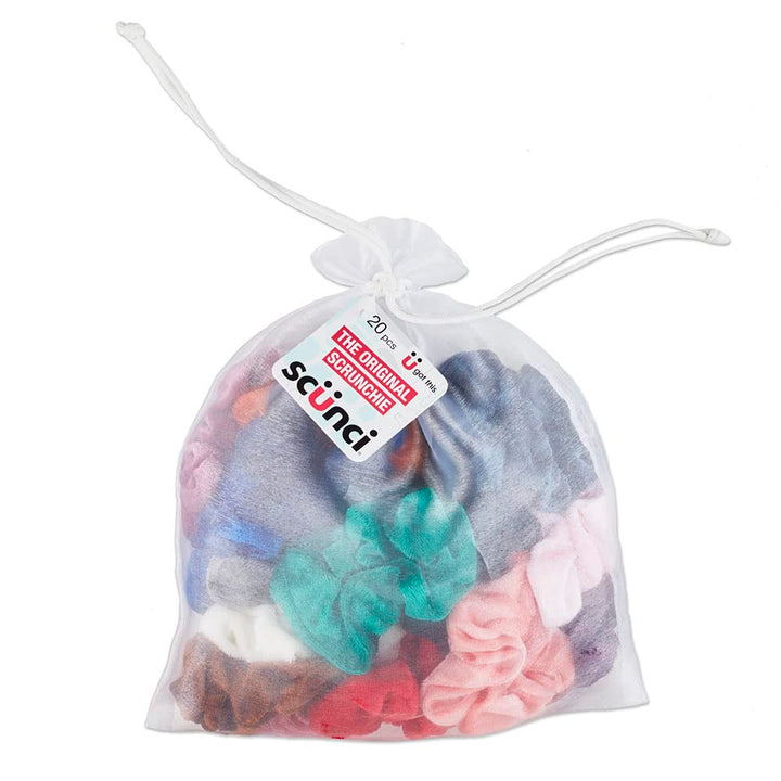 Conair Scunci front packaging showing 20 velvet scrunchies and variety benefit