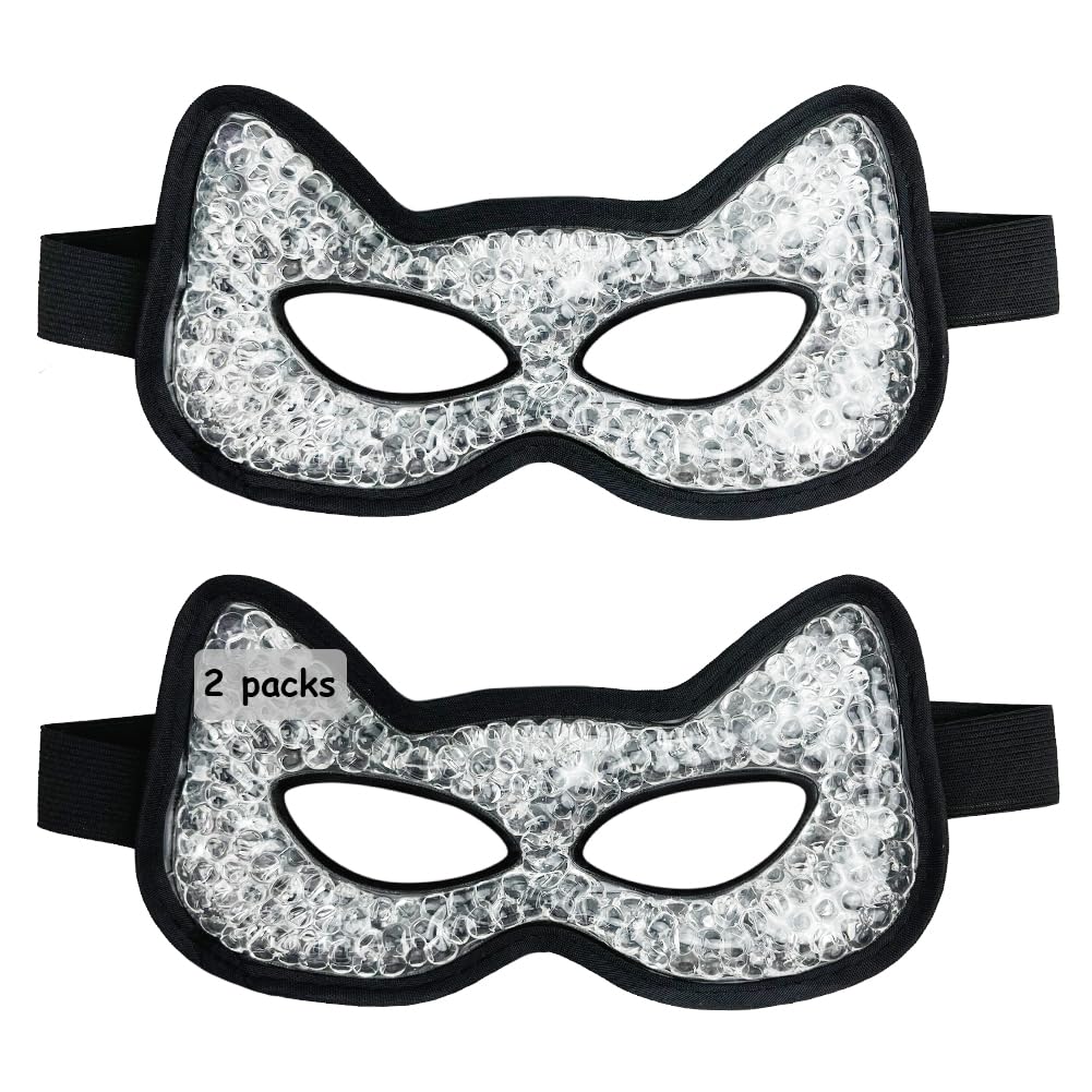 CONBELLA front view of black cooling and heating eye mask showing shape and cat-head design for versatile relief