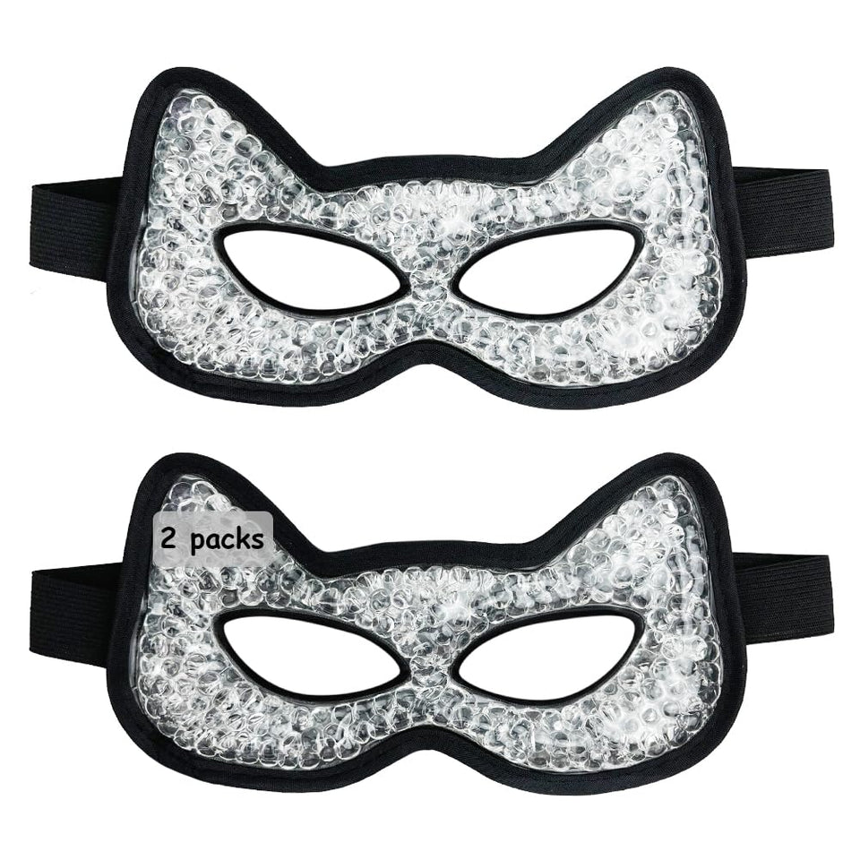 CONBELLA front view of black cooling and heating eye mask showing shape and cat-head design for versatile relief