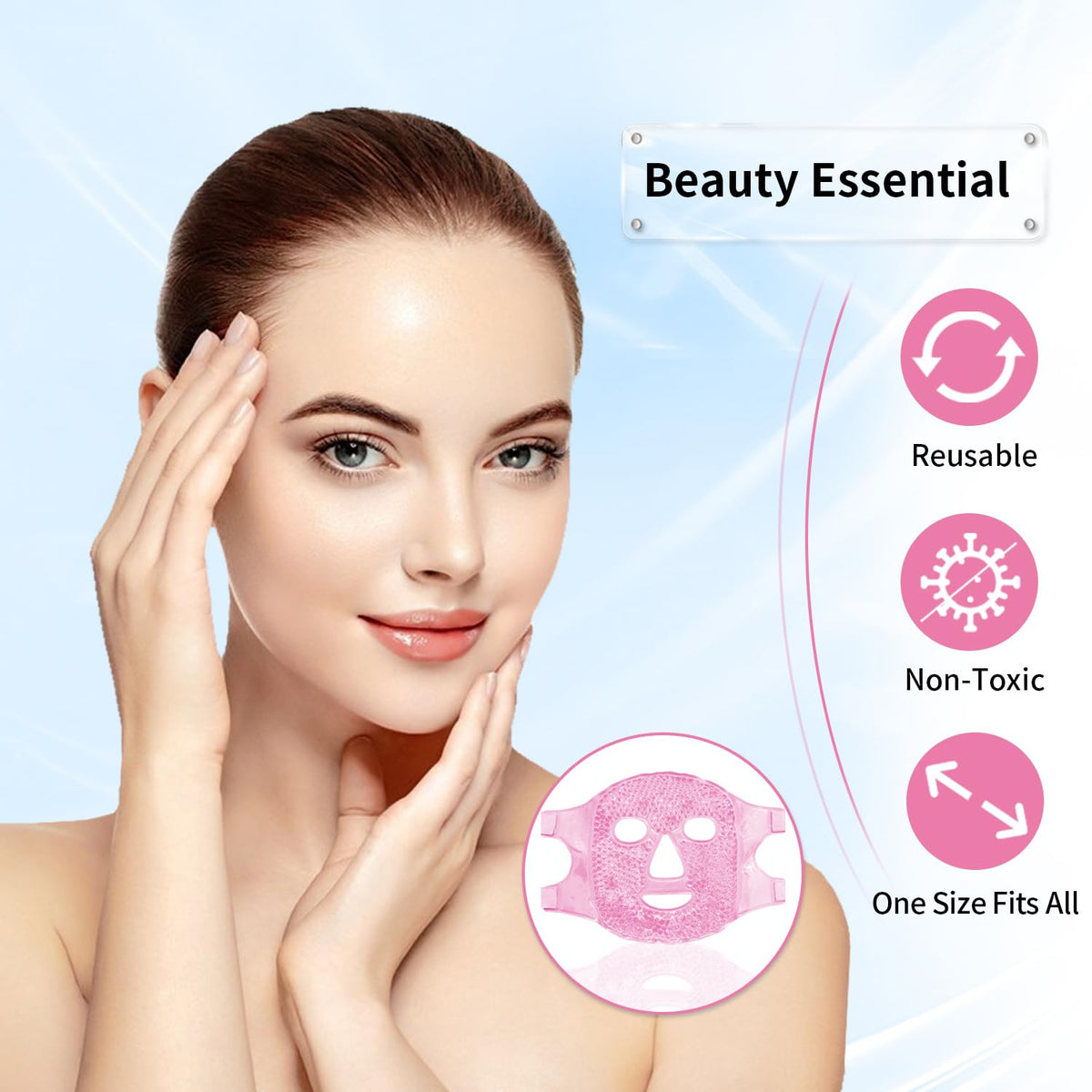CONBELLA mask next to hand for size comparison, fits most face shapes comfortably