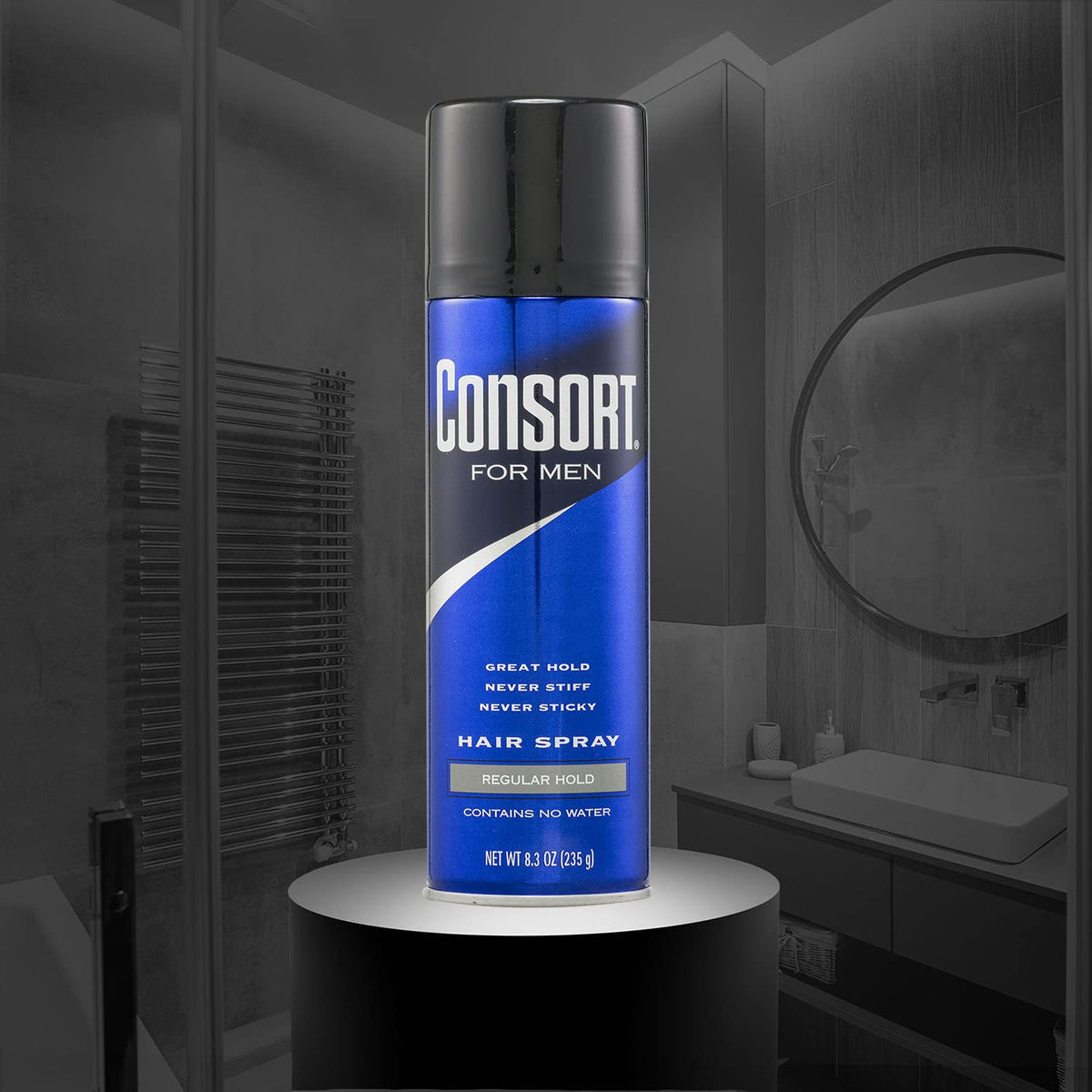 Consort on bathroom shelf illustrating convenient storage and daily use