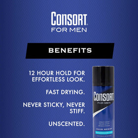 Consort spray applied to styled hair demonstrating secure hold benefit