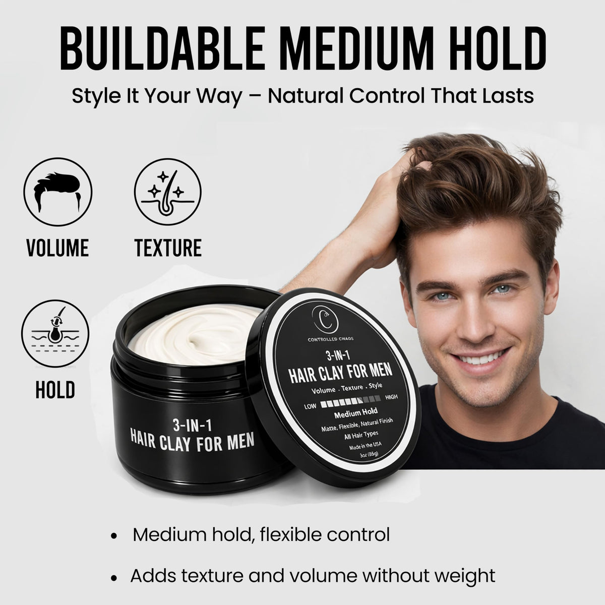Controlled Chaos jar on bathroom counter showing everyday grooming routine convenience