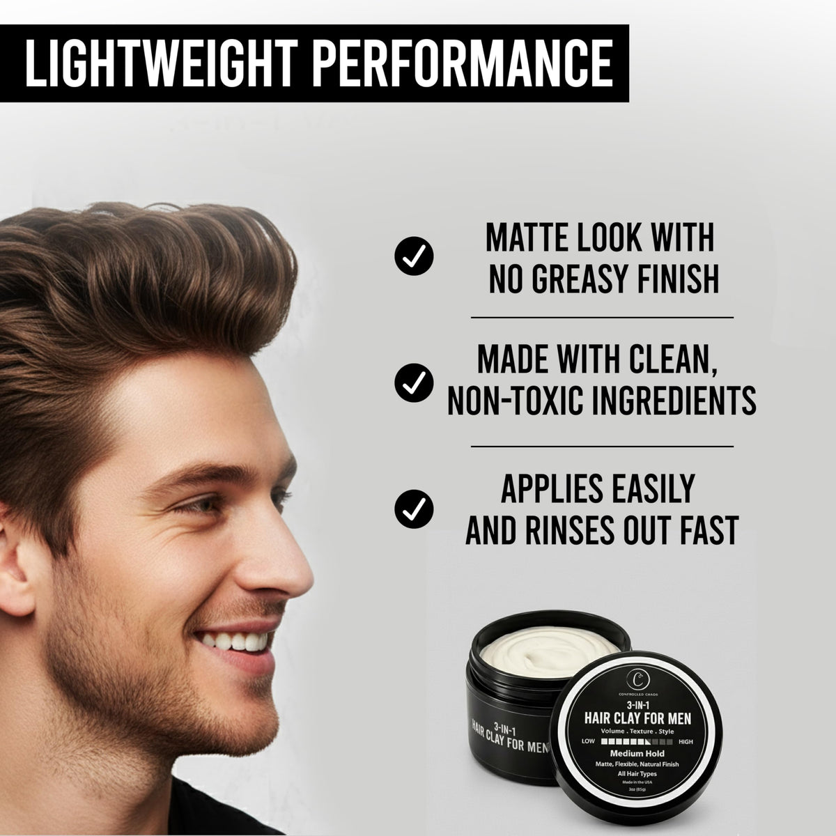 Controlled Chaos open tin showing clay texture and smooth consistency for easy application