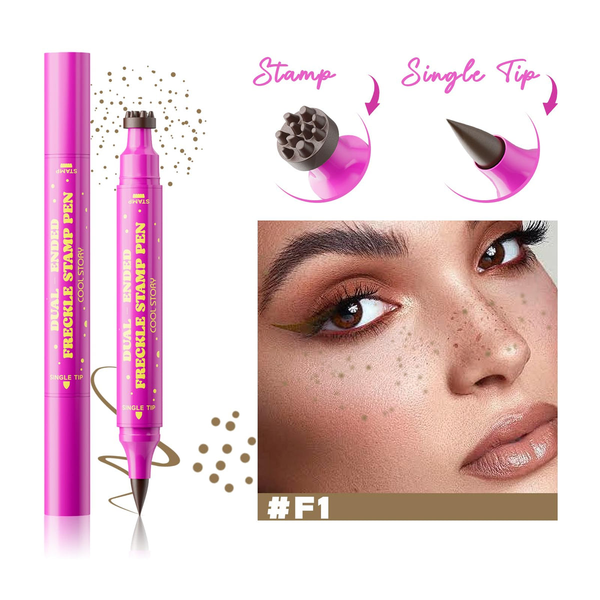 COOL STORY pen creating freckles on cheek for realistic finish