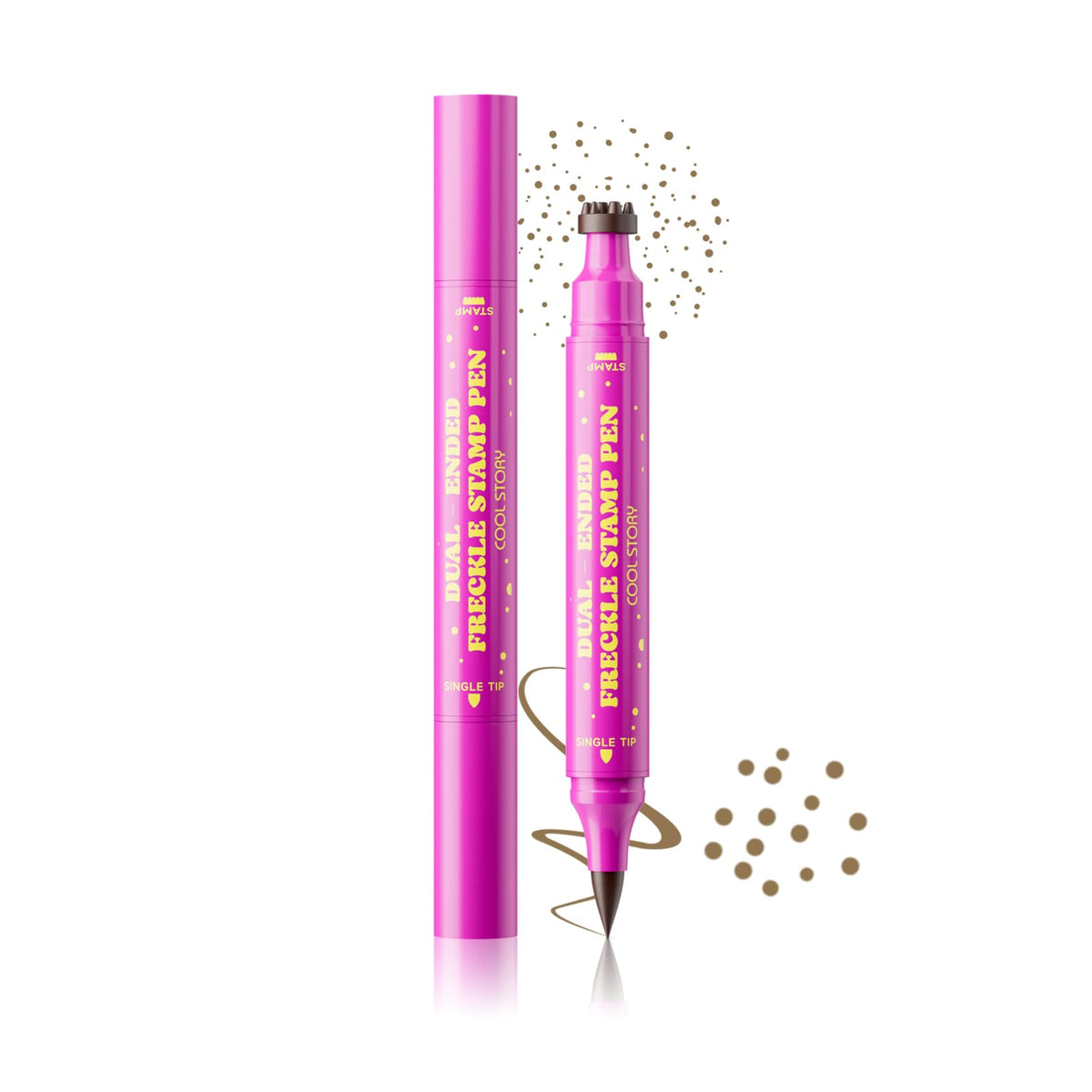 COOL STORY front packaging showing dual-ended freckles pen and benefits