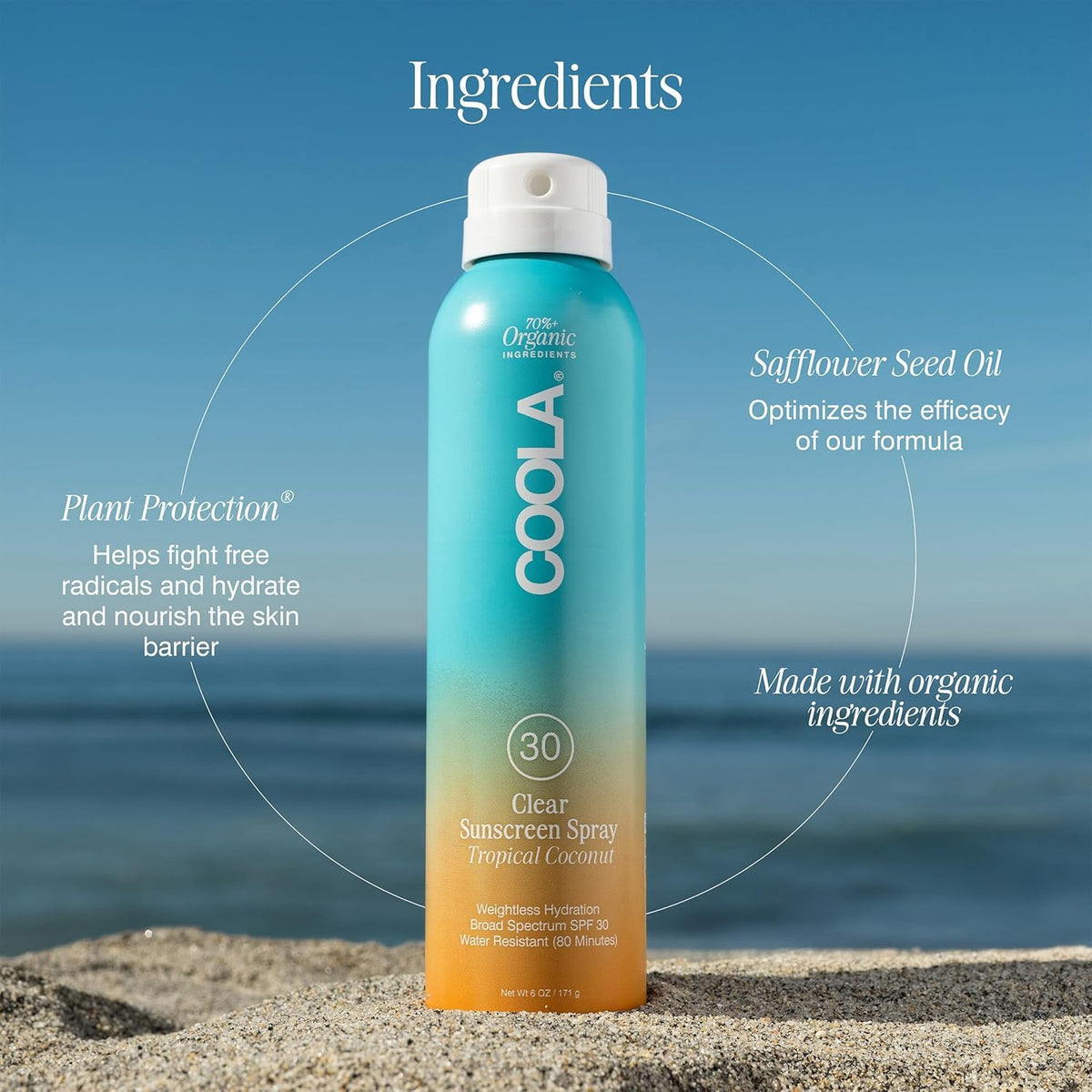 COOLA 6 fl oz bottle held in hand shows travel-friendly, portable benefit