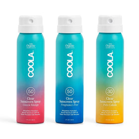 COOLA front packaging showing three clear spray travel bottles and convenience