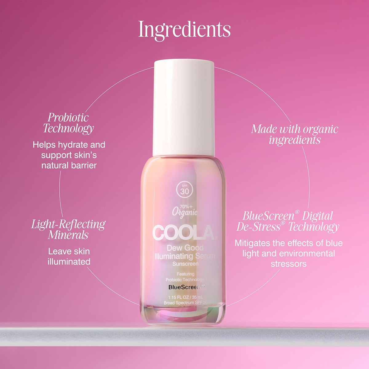 COOLA used before makeup, displays smooth base and luminous skin result