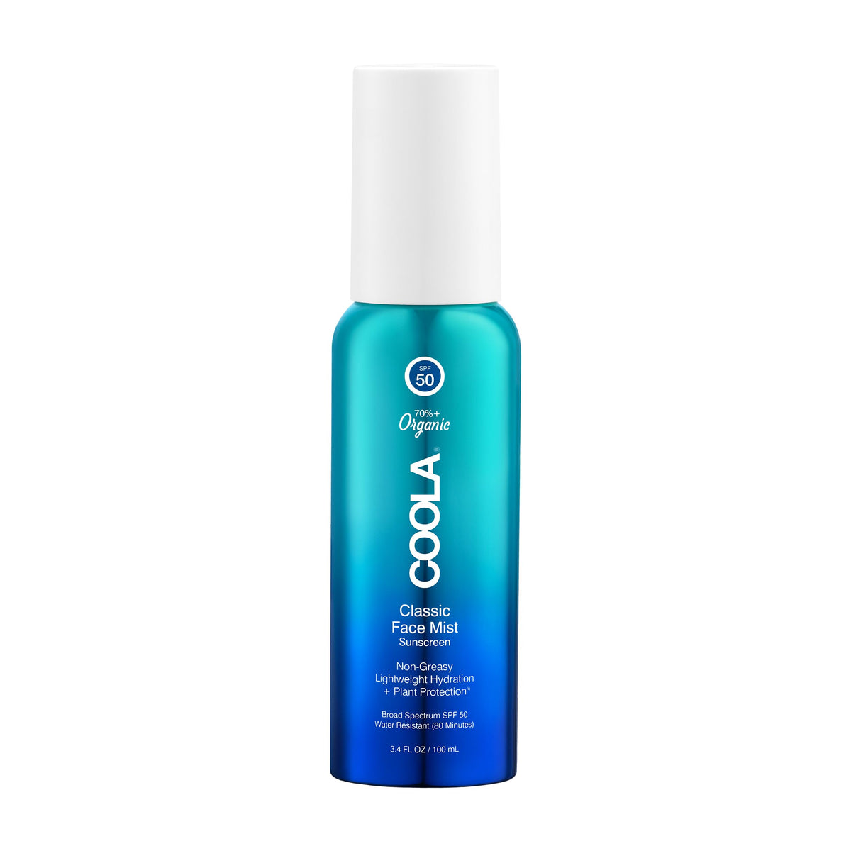 COOLA face mist front packaging showing SPF 50 protection and organic branding benefit