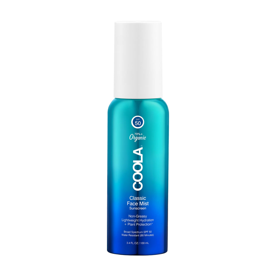 COOLA face mist front packaging showing SPF 50 protection and organic branding benefit