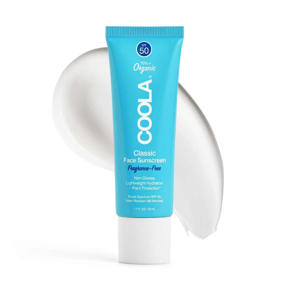 COOLA front tube view showing SPF 50 and travel-friendly size benefit