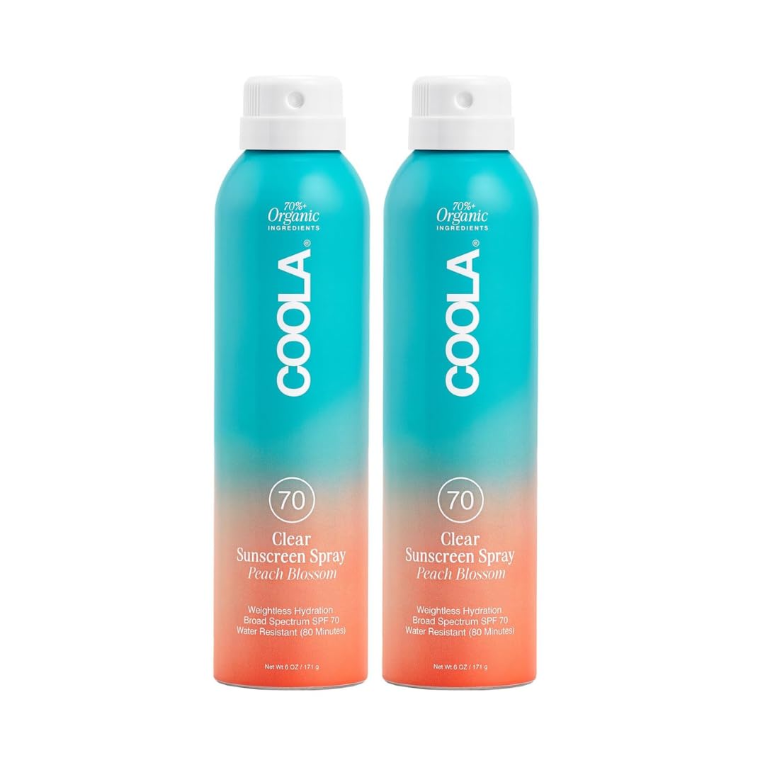COOLA front packaging showing SPF 70 spray and peach blossom scent benefit