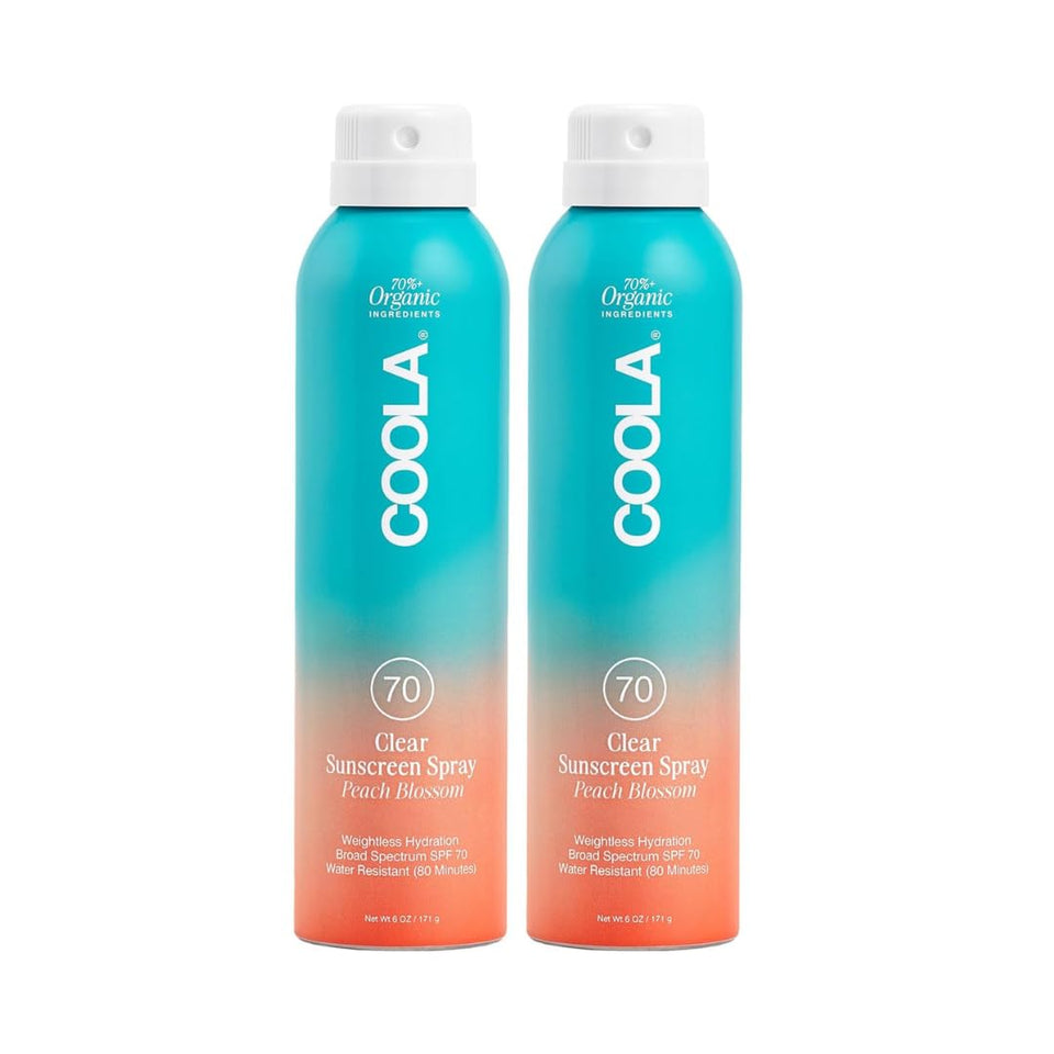 COOLA front packaging showing SPF 70 spray and peach blossom scent benefit