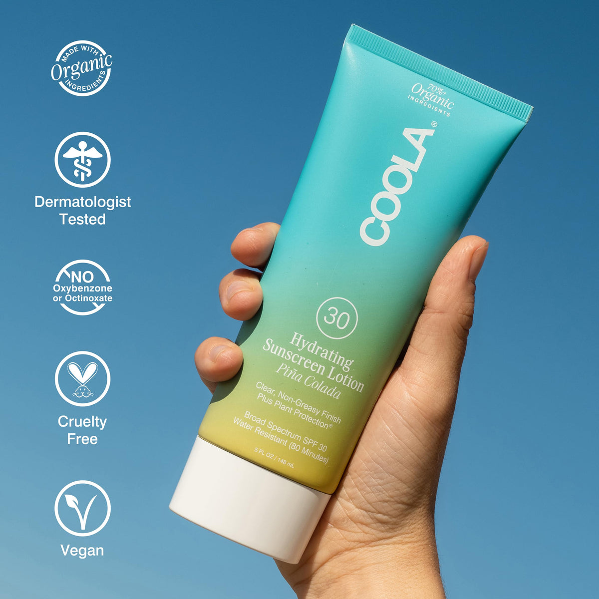 COOLA label close-up showing ingredients and reef-friendly claim