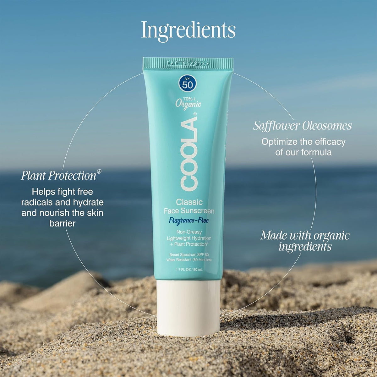 COOLA label close-up highlighting organic ingredients and safety benefit