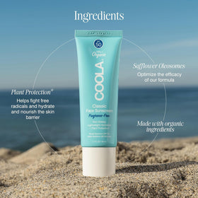 COOLA label close-up highlighting organic ingredients and safety benefit