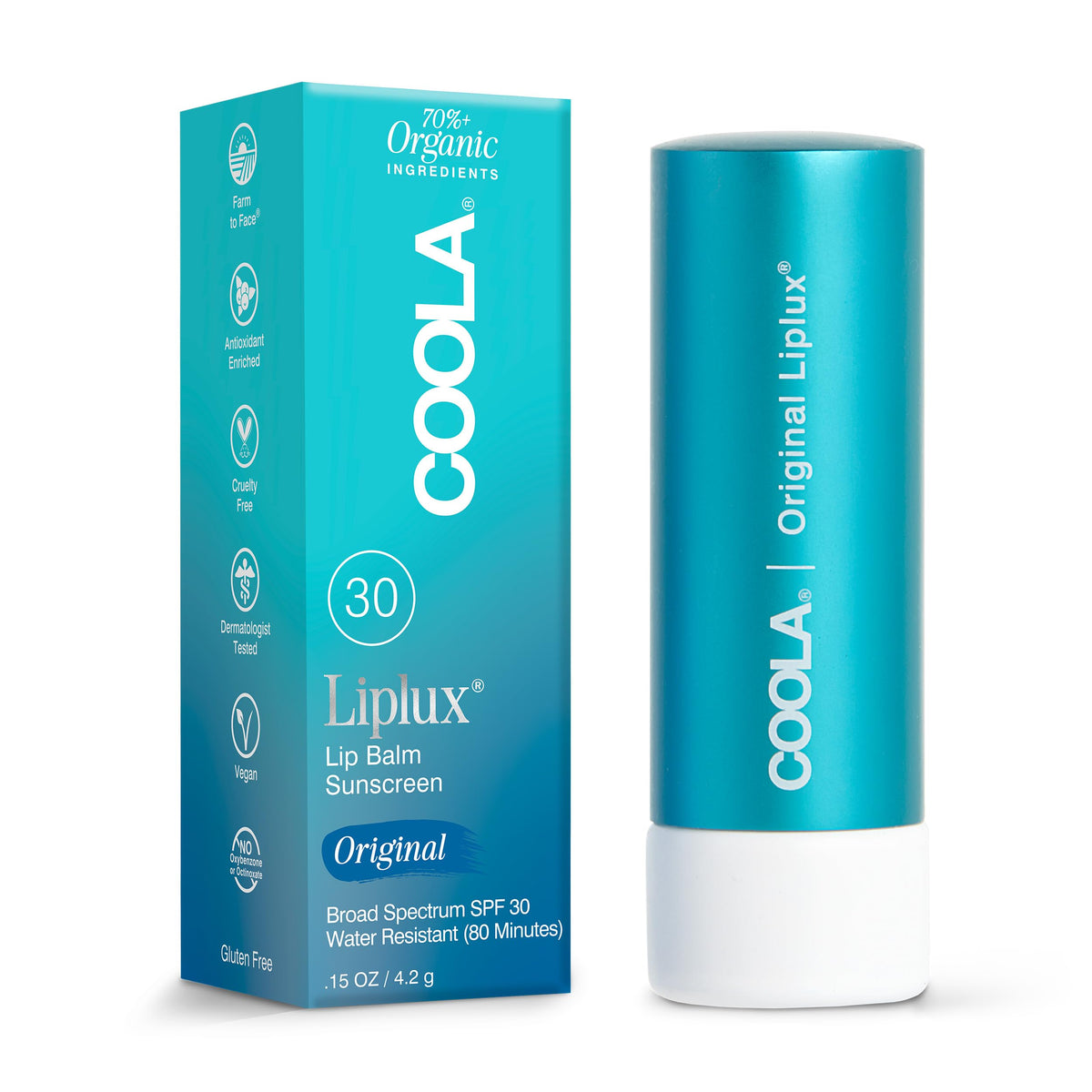 COOLA Liplux front packaging showing SPF 30 protection and clear finish