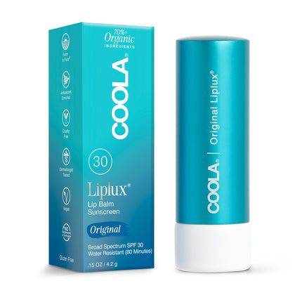 COOLA Liplux front packaging showing SPF 30 protection and clear finish