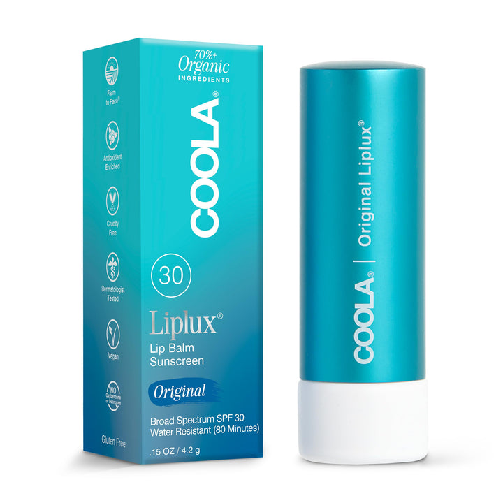 COOLA Liplux front packaging showing SPF 30 protection and clear finish