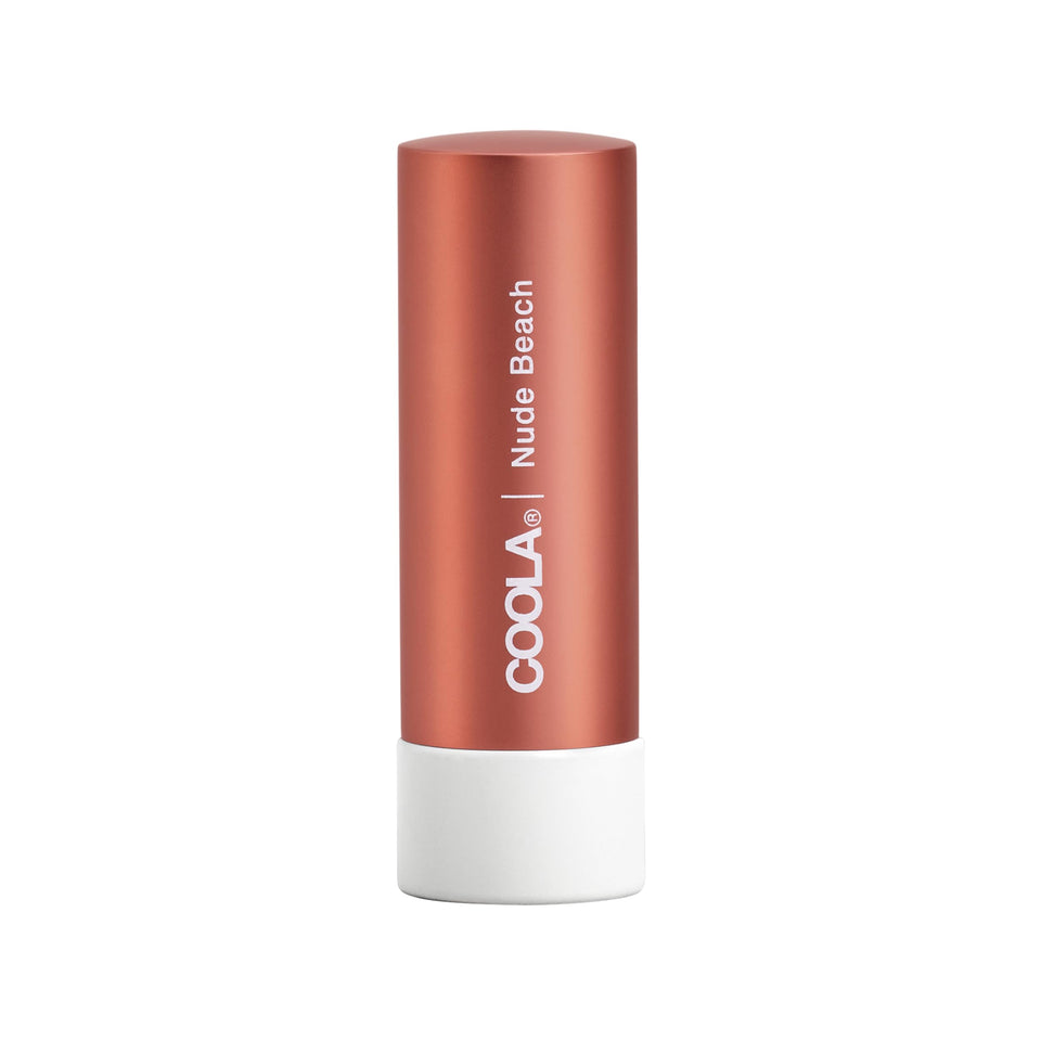 COOLA Nude Beach front packaging showing tinted liplux and SPF convenience
