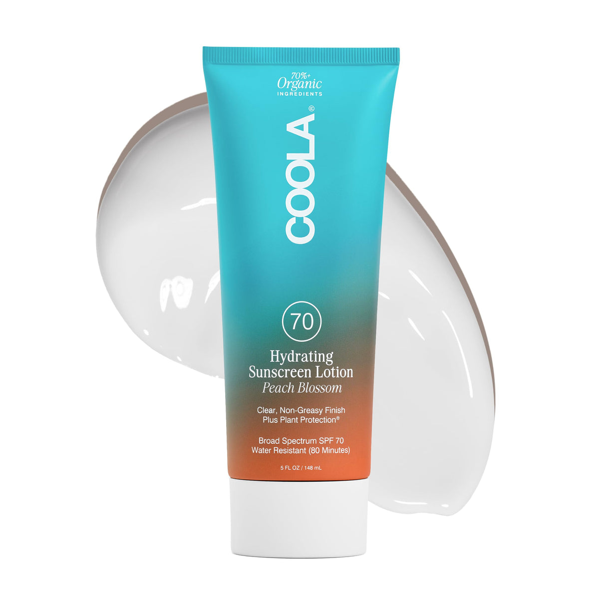 COOLA front packaging showing SPF 70 protection and peach blossom scent benefit