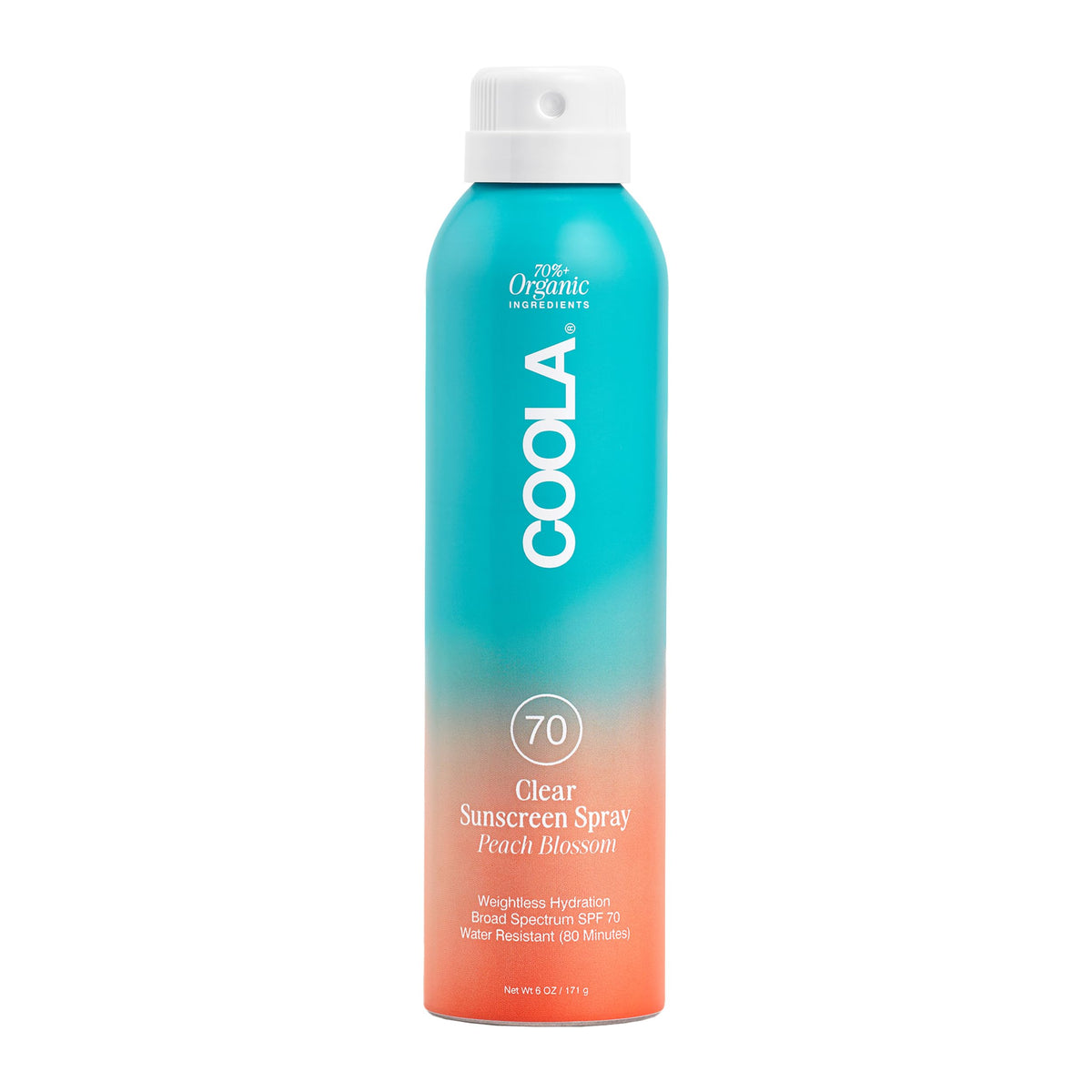 COOLA front packaging showing peach blossom scent and SPF 70 protection