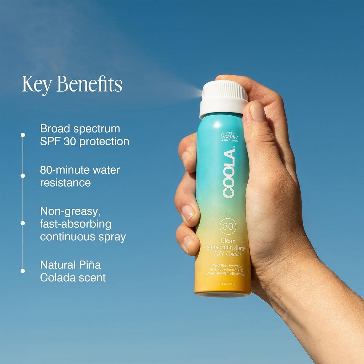 COOLA continuous-spray action demonstrating quick even coverage benefit