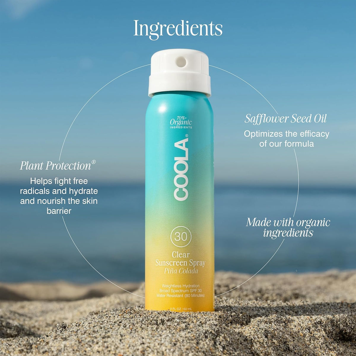COOLA sunscreen on beach setting showing reef-compliant and active-use benefit