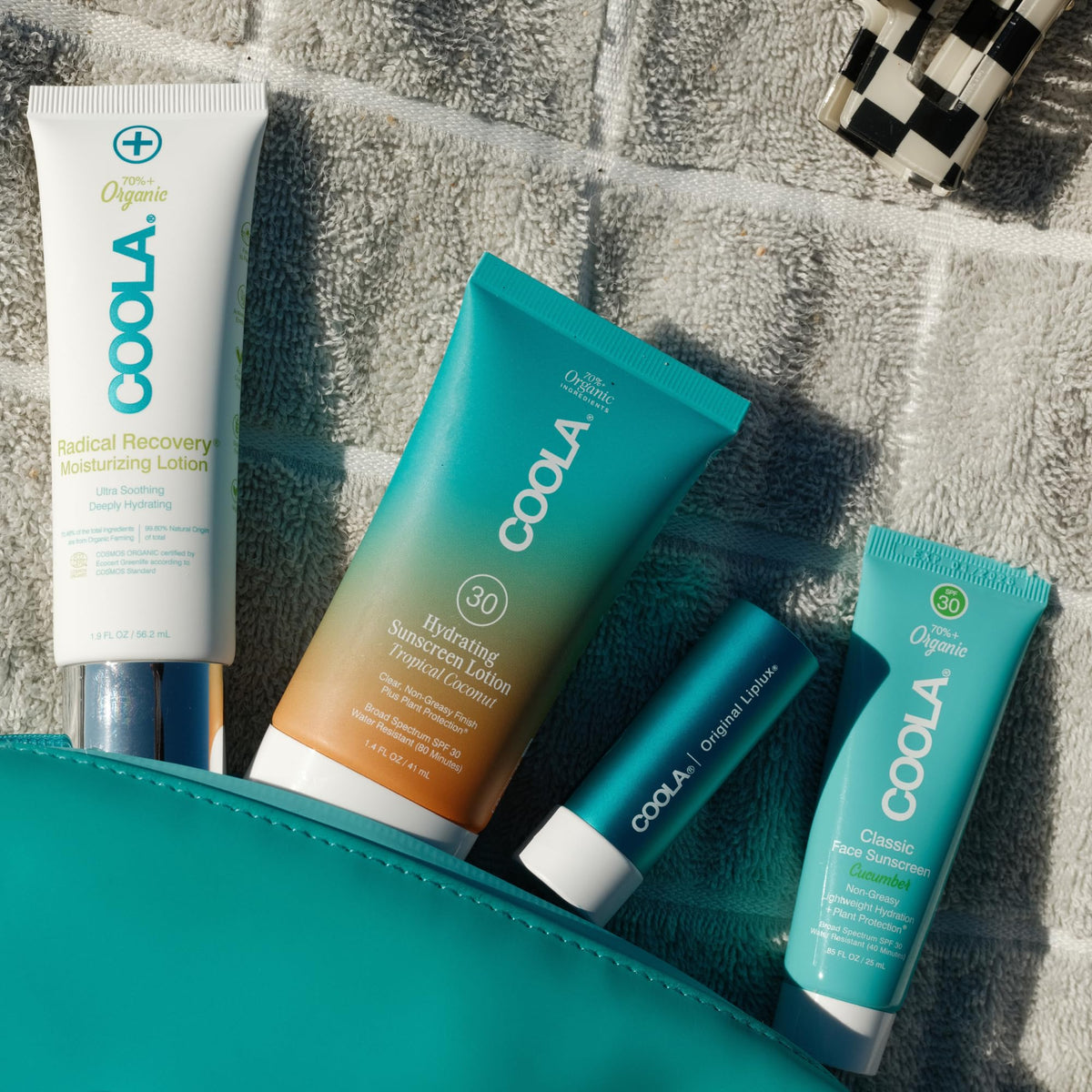 COOLA Radical Recovery after-sun bottle label clearly visible for soothing benefit